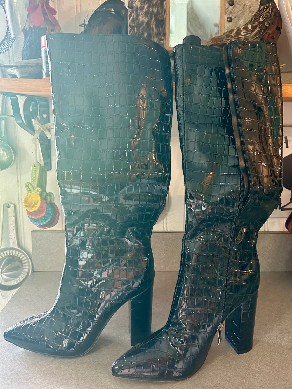 Women’s Black Croc-Embossed Pointed-Toe Knee Boots - Heeled